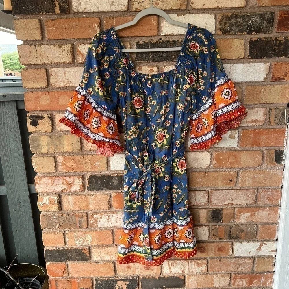 Joie Boho Blue Orange mini dress with belt